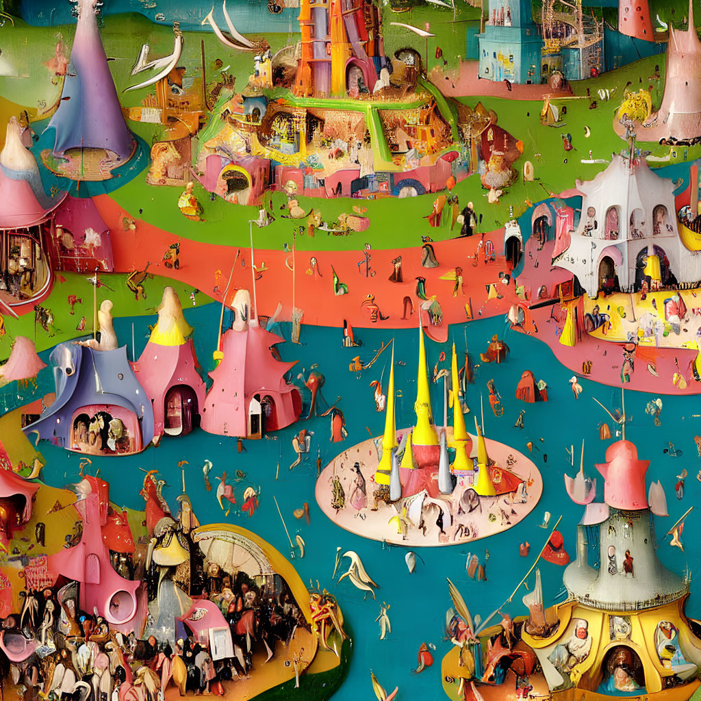 Vibrant illustration of whimsical structures and small figures in various activities