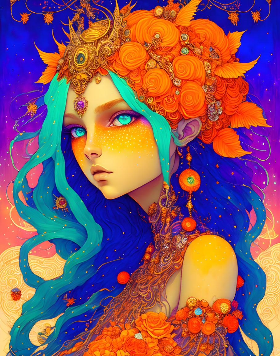 Colorful illustration of woman with blue hair and orange flowers, adorned with golden jewelry.
