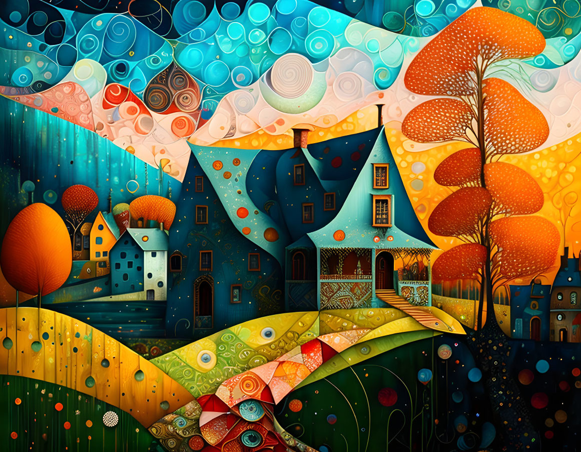 Colorful Artwork: Whimsical Landscape with Stylized Houses and Fantastical Trees