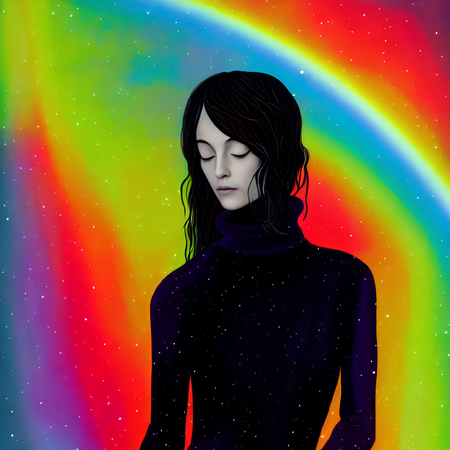Digital illustration: Dark-haired person in cosmic setting with rainbow and stars