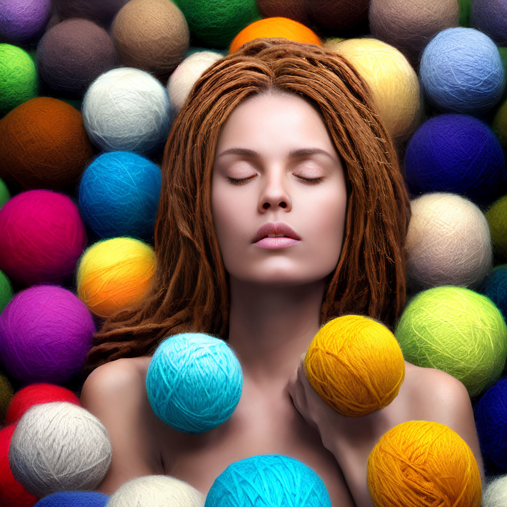 Woman with Closed Eyes Surrounded by Colorful Yarn Balls