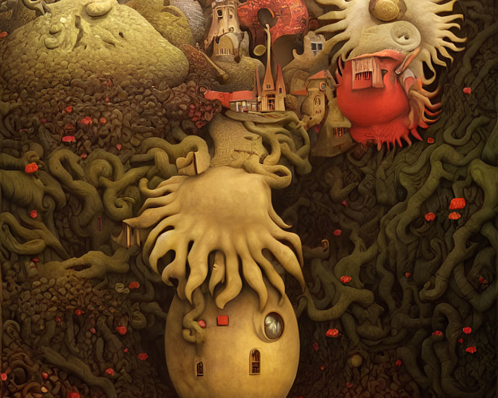 Fantastical surreal artwork with tree-like figure, sun with face, and whimsical details