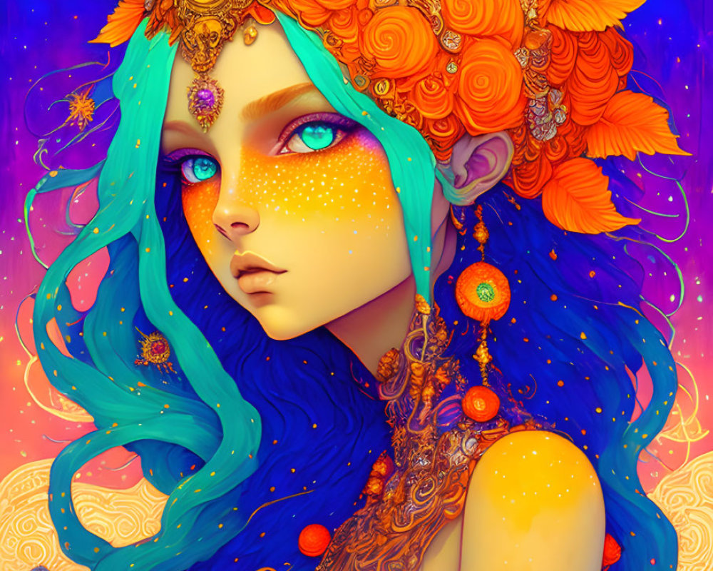 Colorful illustration of woman with blue hair and orange flowers, adorned with golden jewelry.