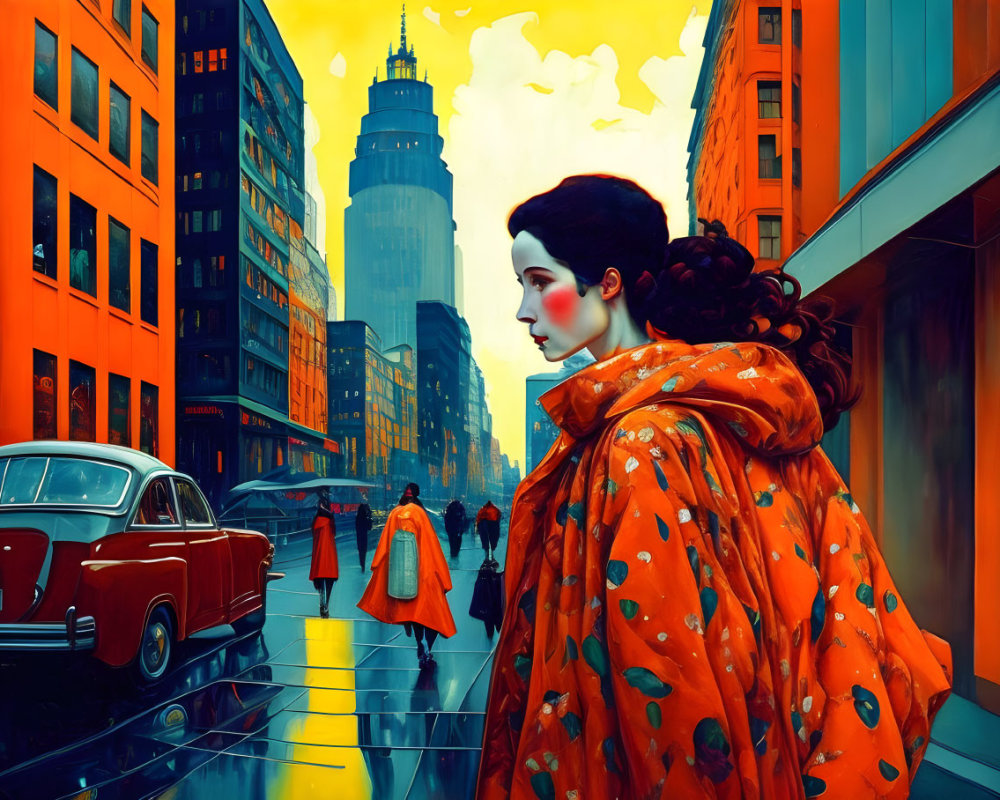 Vibrant orange coat woman in surreal cityscape with colorful buildings