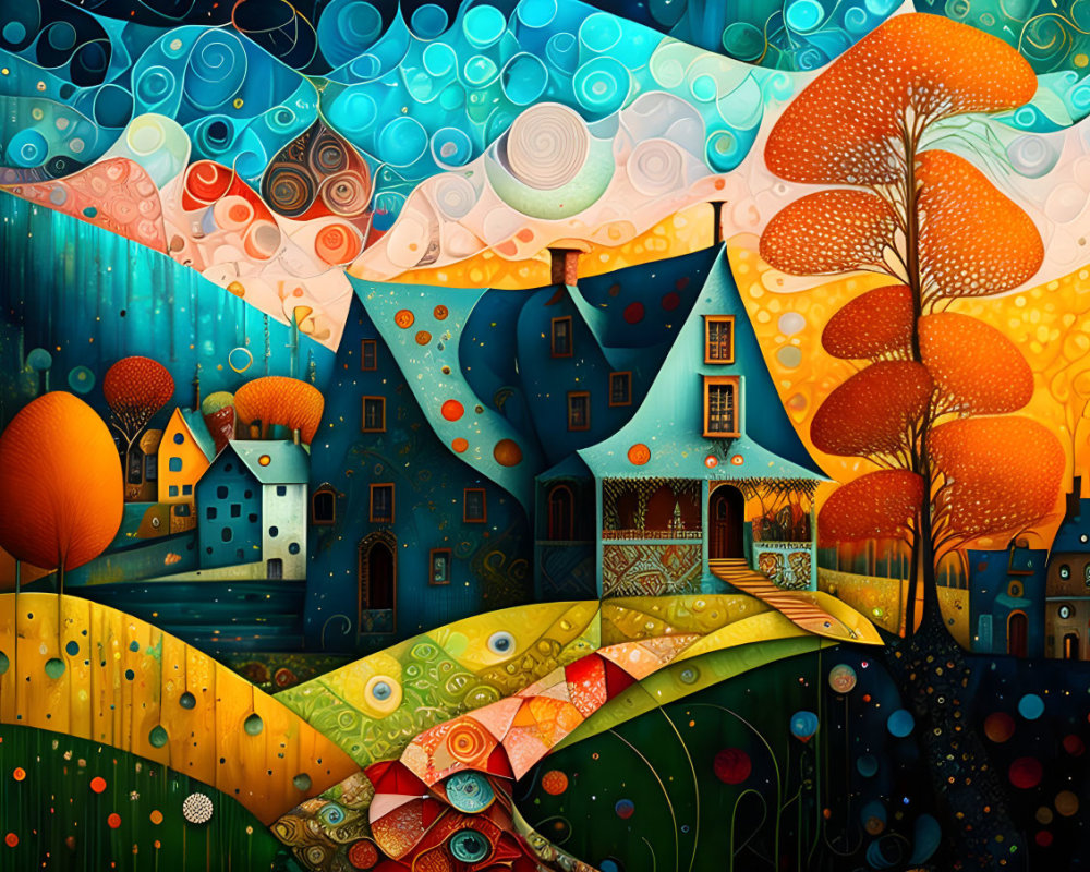Colorful Artwork: Whimsical Landscape with Stylized Houses and Fantastical Trees