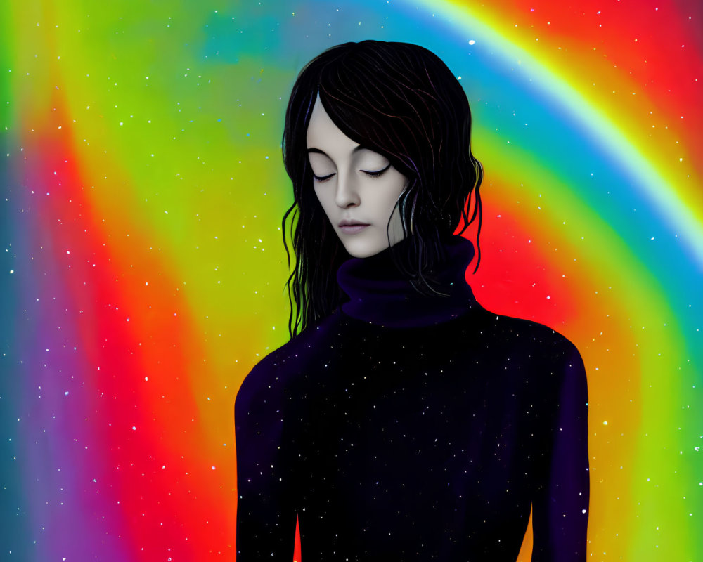 Digital illustration: Dark-haired person in cosmic setting with rainbow and stars