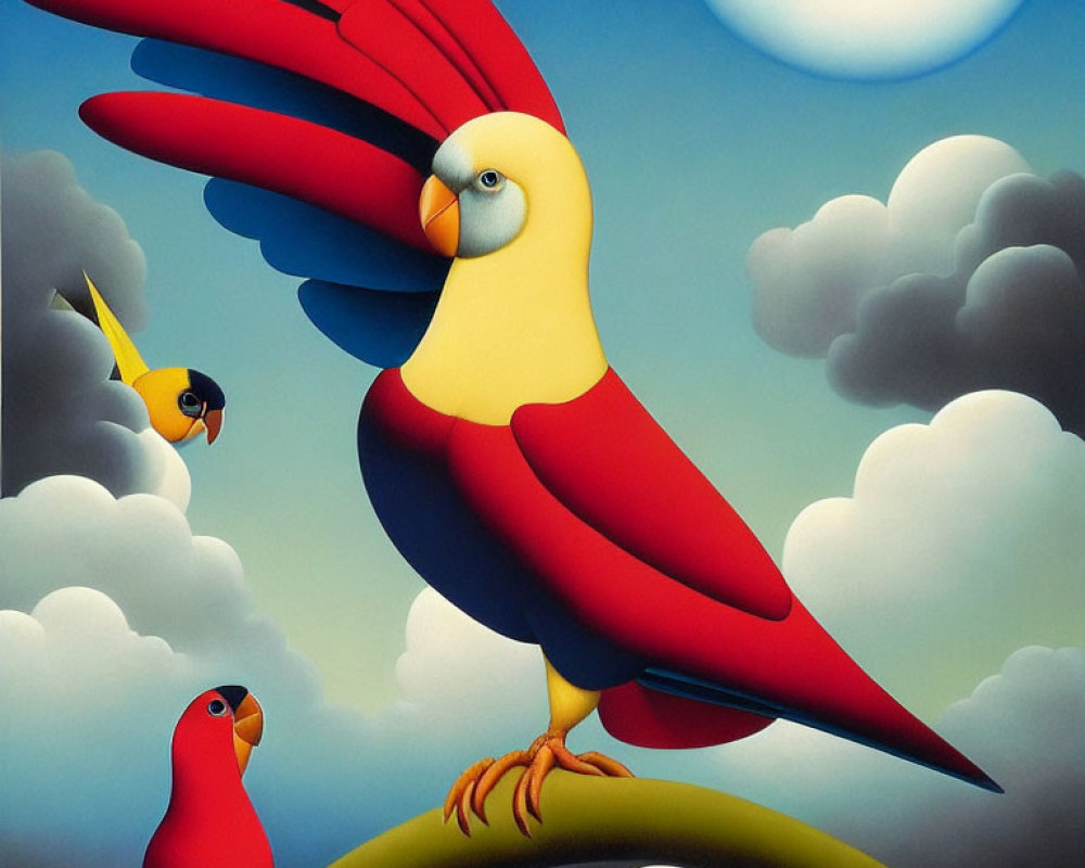 Colorful Parrots Illustration with Oversized Surreal Bird in Cloudy Sunlit Scene