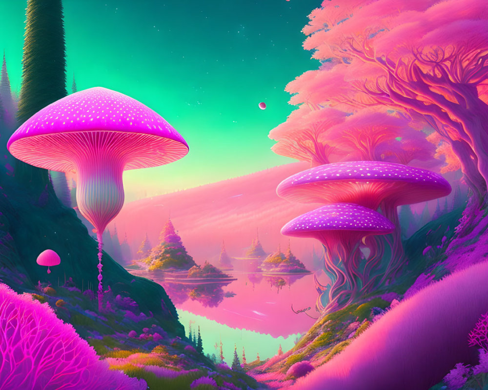 Fantasy landscape: oversized pink mushrooms, pink & purple forest, serene waters, twilight sky