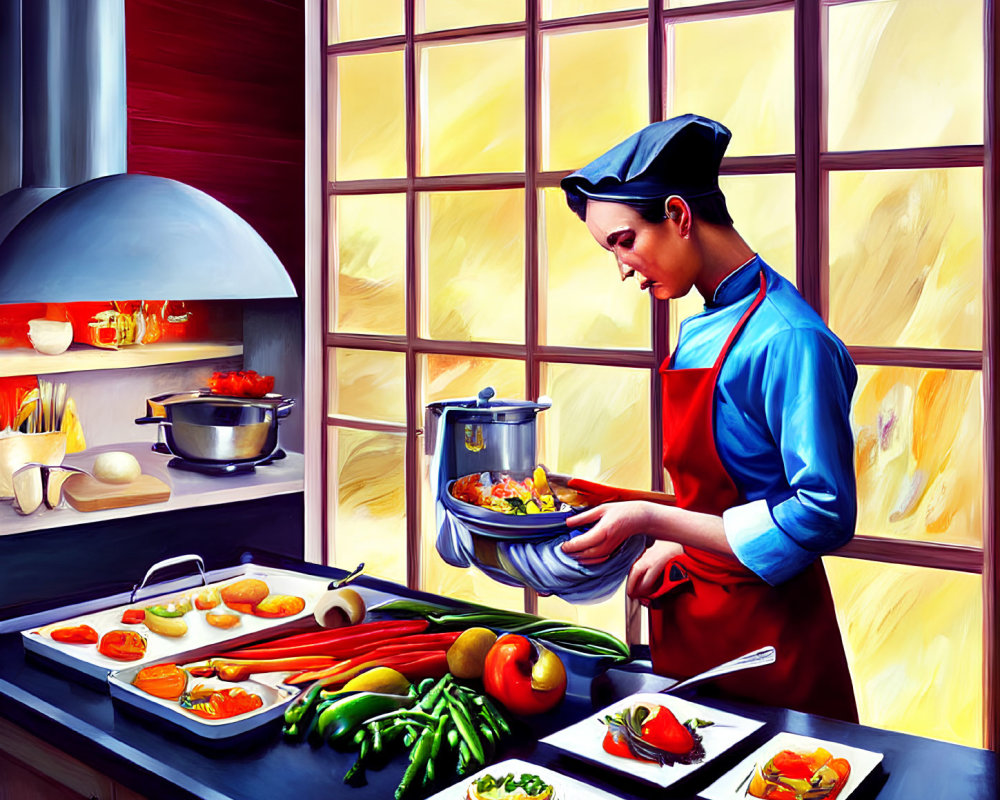 Colorful Chef Cooking Various Dishes in Kitchen