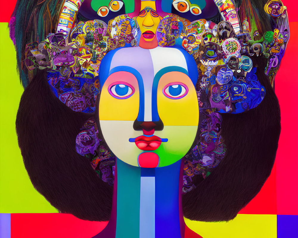 Vibrant abstract digital portrait with symmetrical design and collage of figures in hair