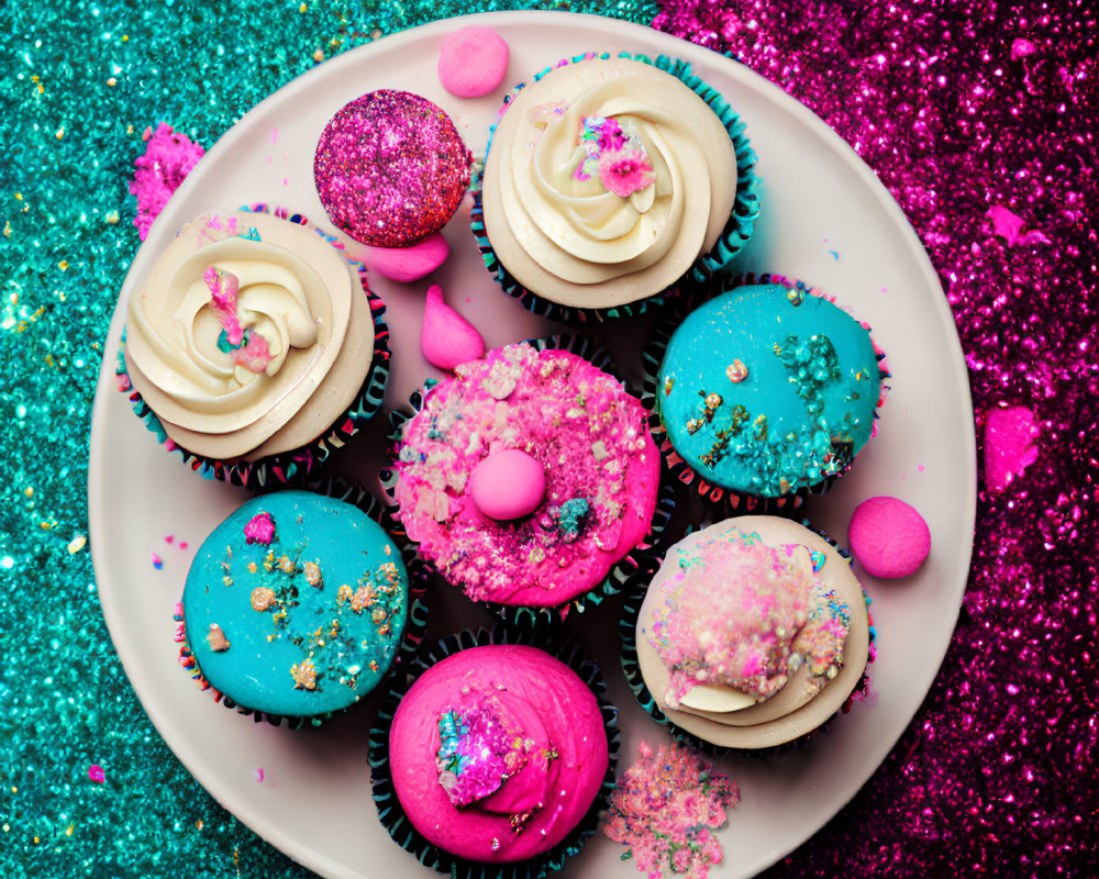 Vibrant Cupcakes with Assorted Toppings and Glitter Surroundings