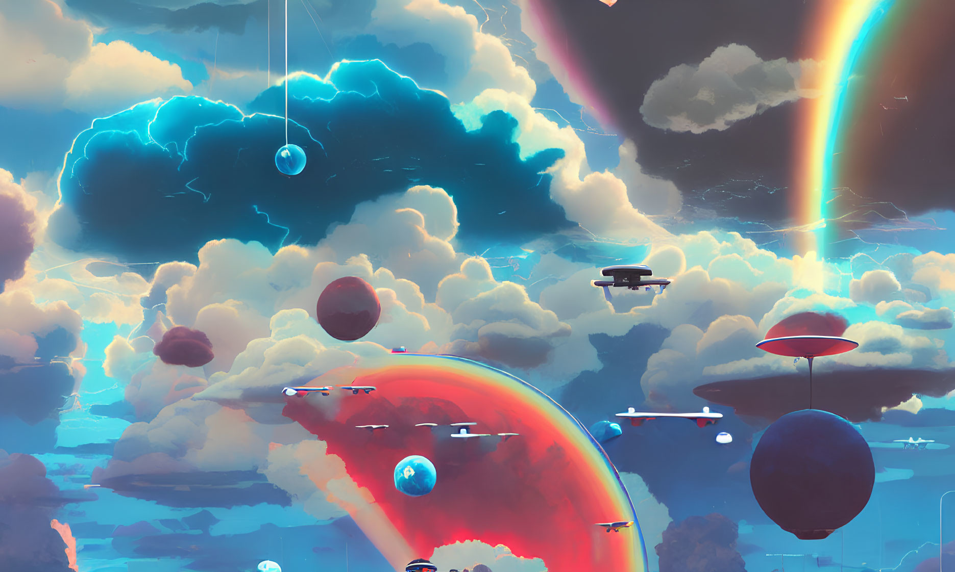 Colorful sky with rainbows and futuristic structures in dreamlike setting