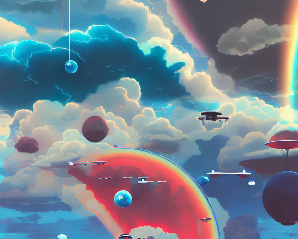 Colorful sky with rainbows and futuristic structures in dreamlike setting