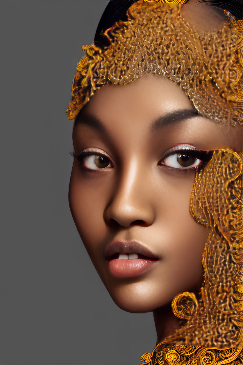 Striking-eyed woman in golden lace headpiece on grey background
