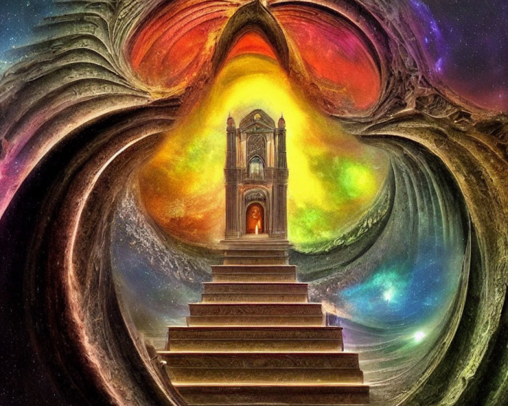 Vibrant cosmic spiral with central staircase and classical structure