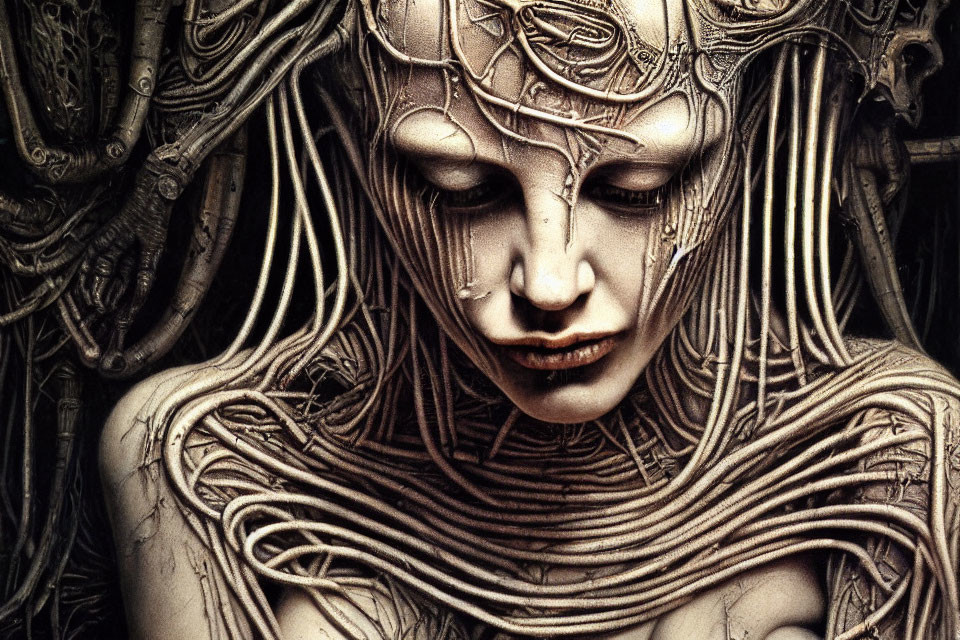 Detailed humanoid figure with intricate biomechanical features