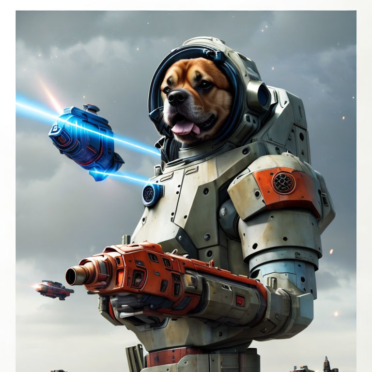 Beagle Dog in Astronaut Suit with Mechanical Enhancements and Futuristic Gun Under Cloudy Sky