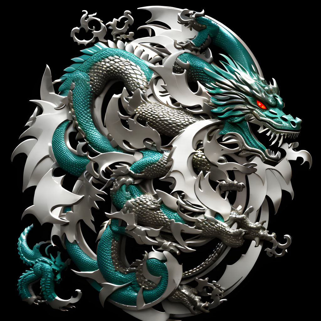 Metallic 3D Dragon with Silver Designs and Green Accents on Dark Background