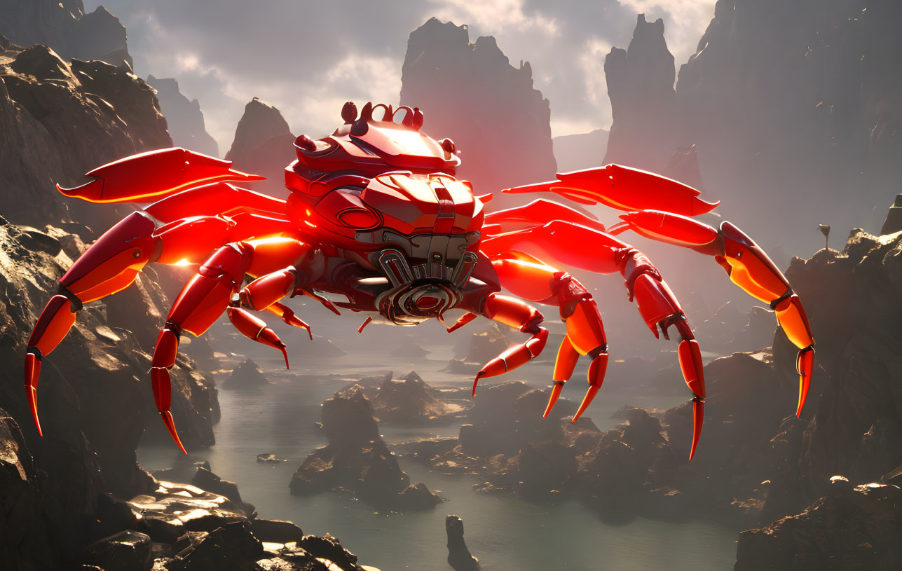 Red Robotic Crab Among Jagged Mountains in Glowing Sky
