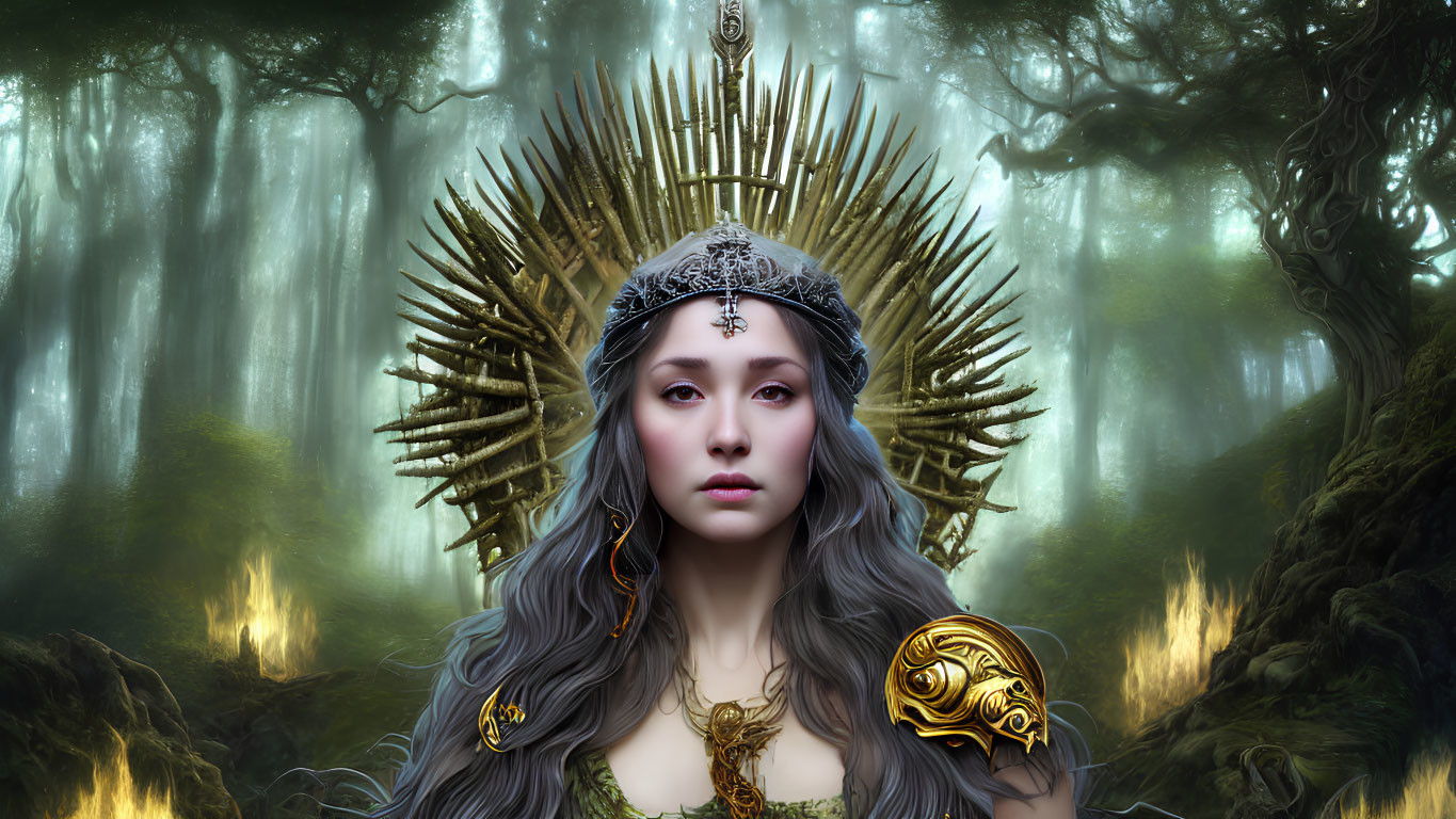 Mystical woman adorned with radiant crown in enchanted forest