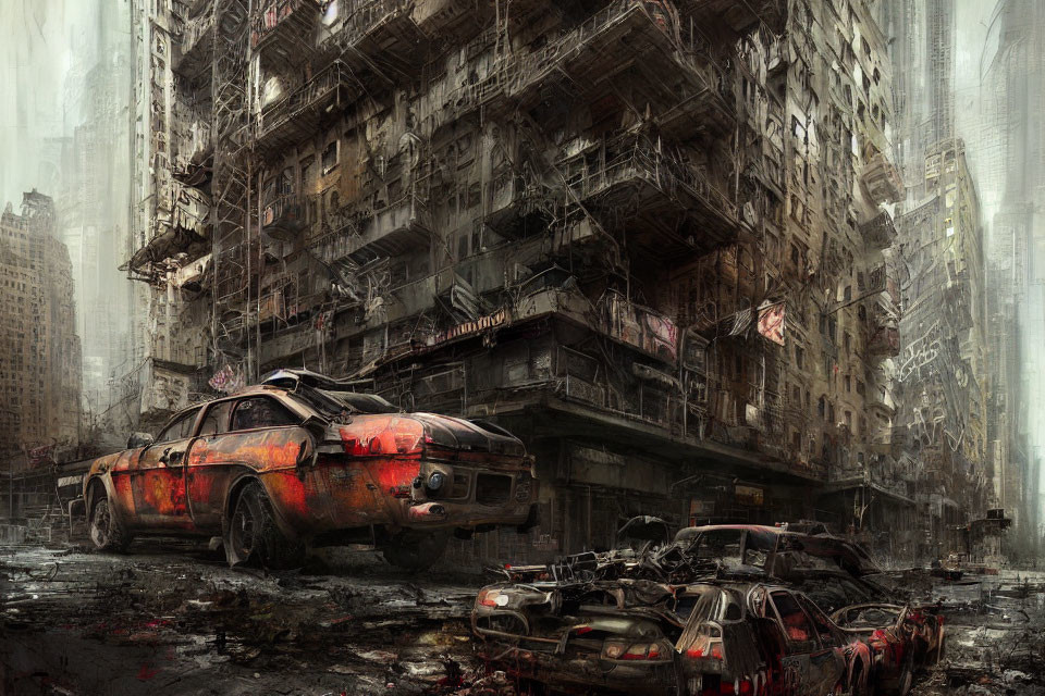 Decrepit urban landscape with dilapidated buildings and rusted police car under gloomy sky