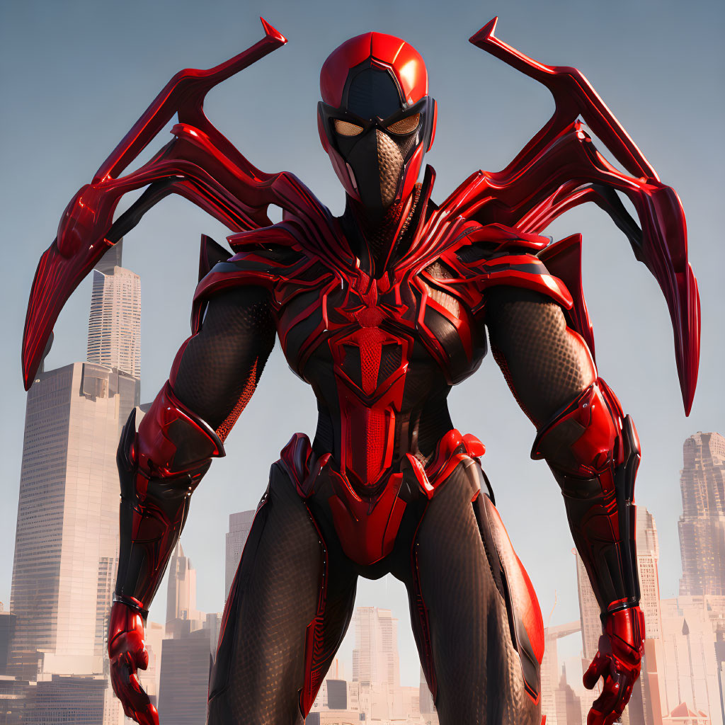 Red and Black Armored Character with Stylized Helmet and Spider Emblem in Cityscape Background