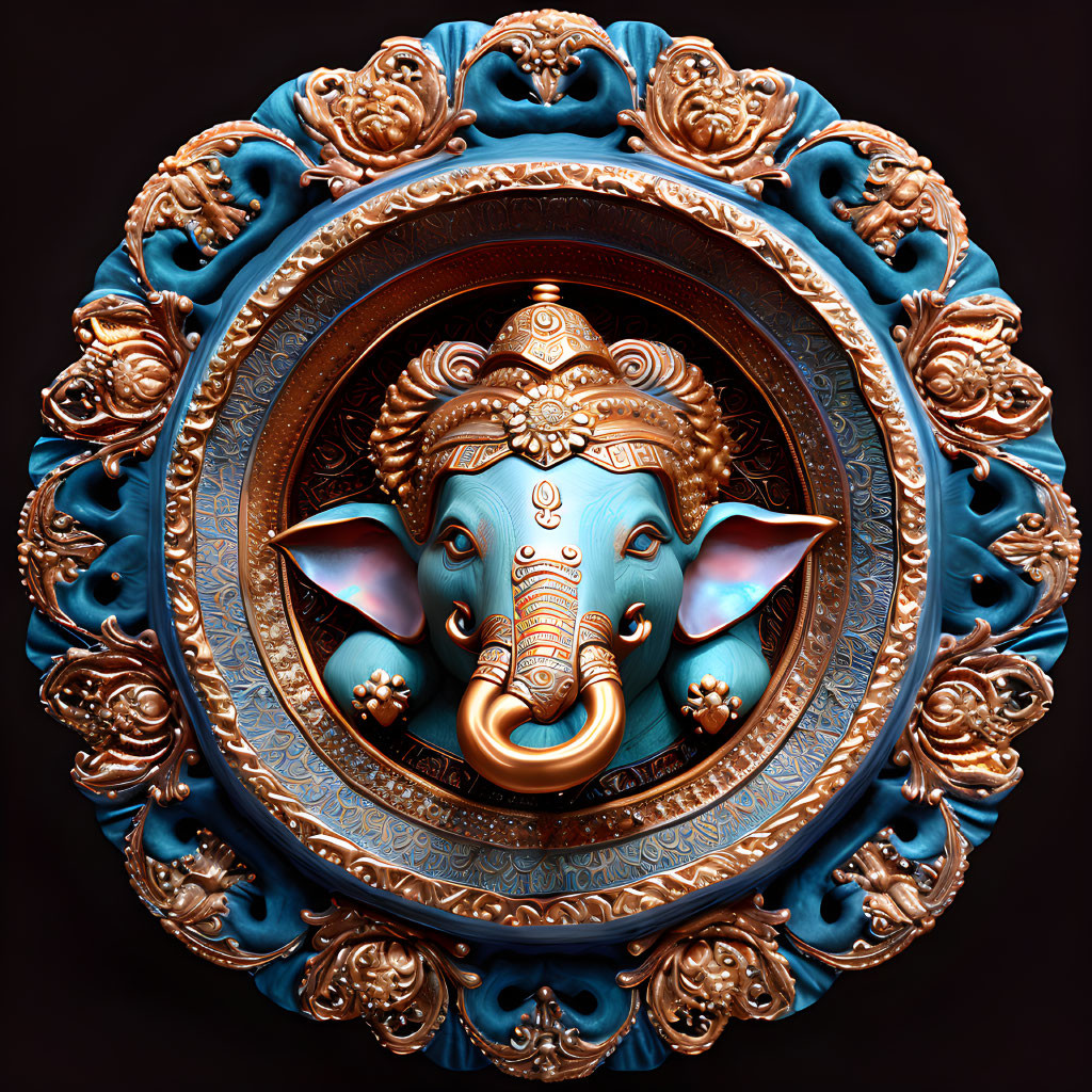 Elephant-headed deity in ornate turquoise and copper frame