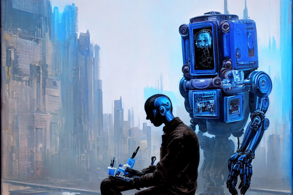 Blue Futuristic Robot with Human Face Screens and Seated Figure in Blue Head, Cityscape Background