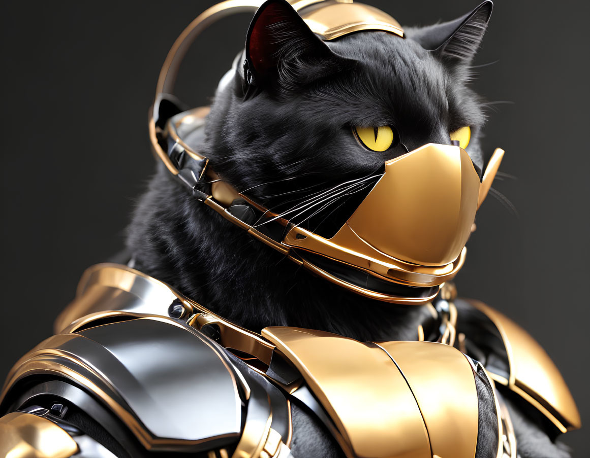 Black Cat in Golden Futuristic Armor and Headset on Dark Background