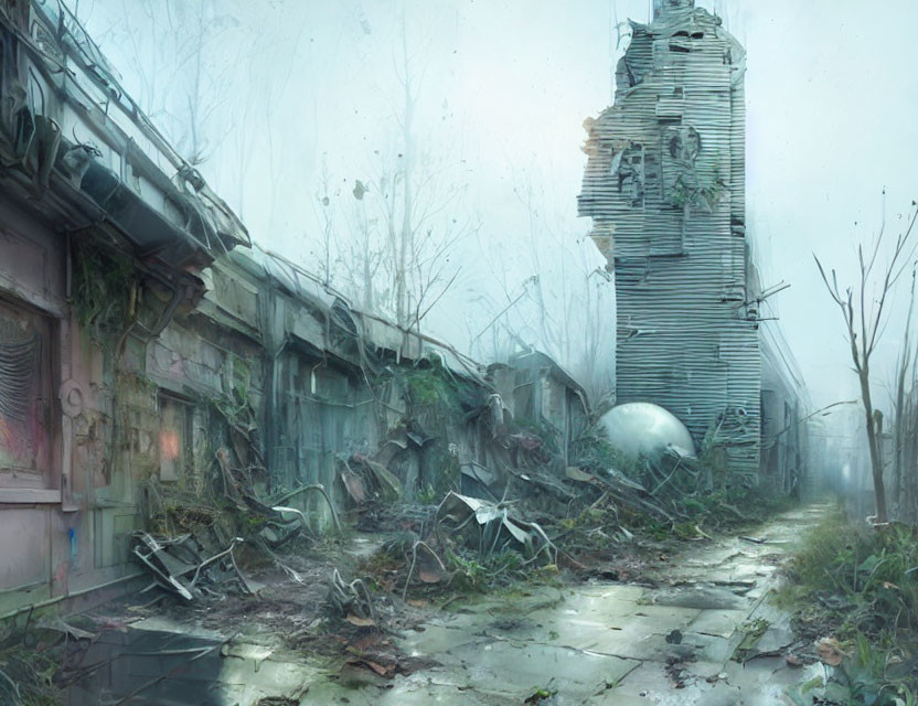 Abandoned cityscape with decaying structures and overgrown plants