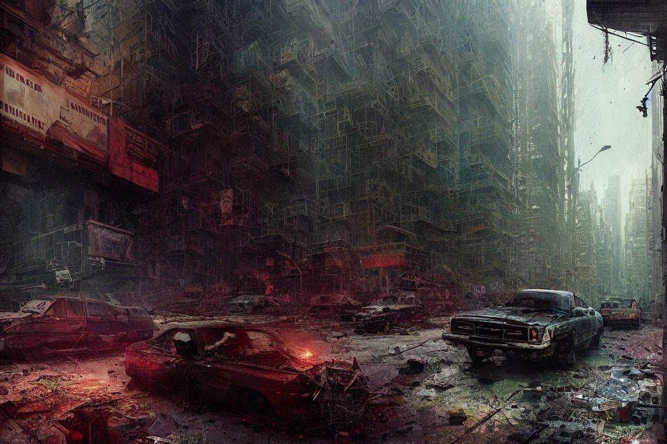 Dystopian cityscape with abandoned vehicles and crumbling buildings