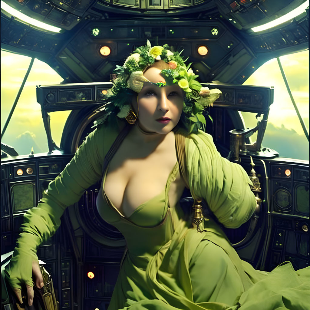 Woman in Green Fantasy Costume Sitting in Cockpit with Brass Fittings