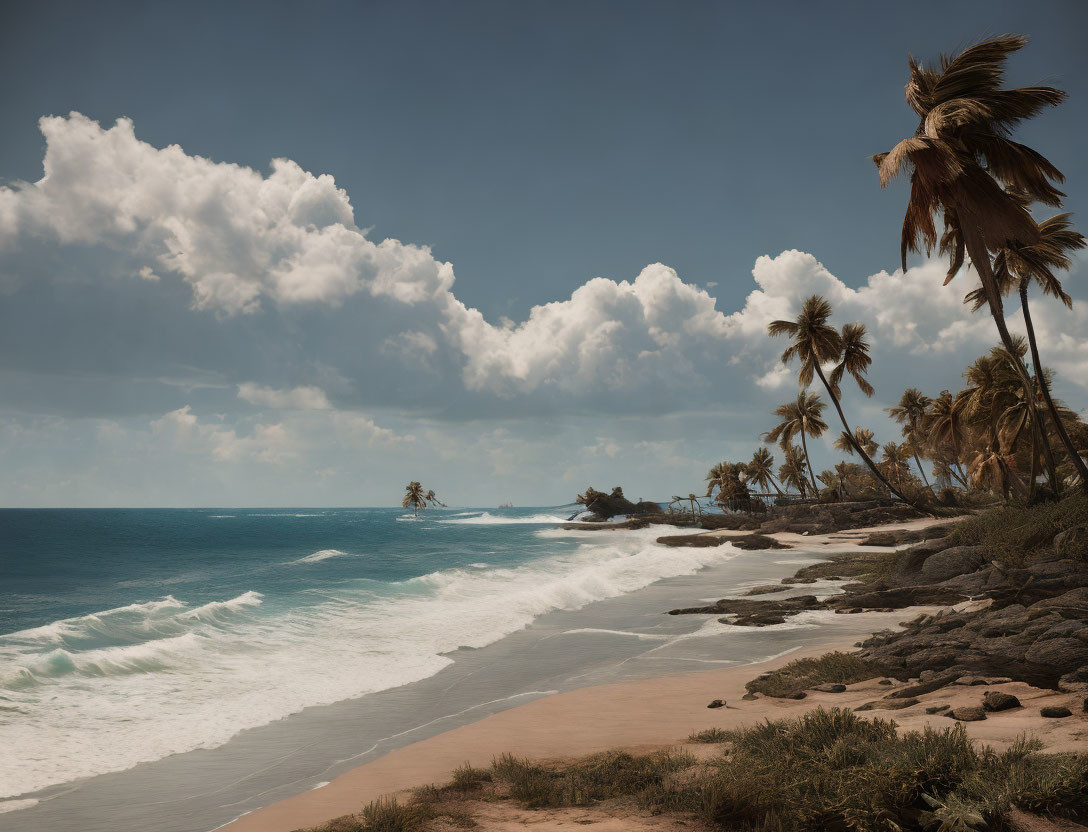 Scenic Tropical Beach with Palm Trees and White Surf