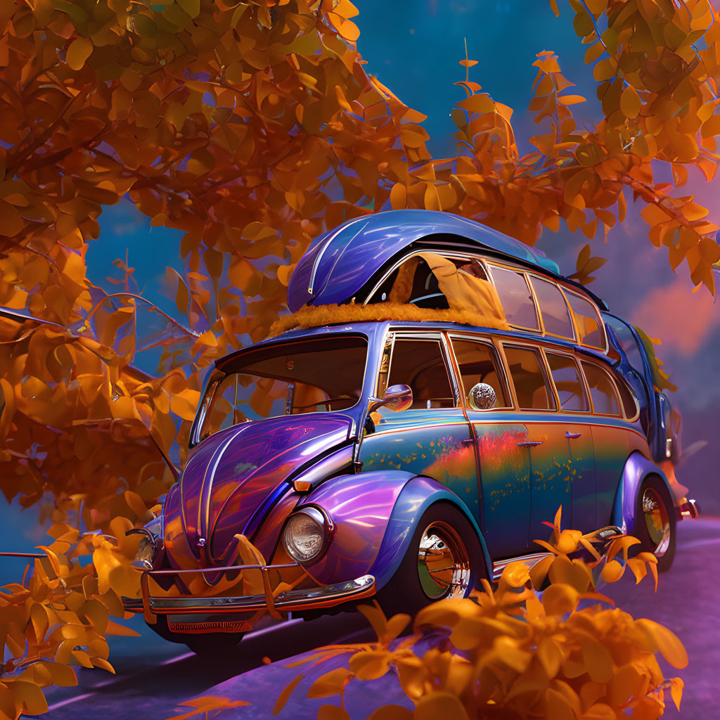 Colorful vintage van parked under autumn leaves at twilight