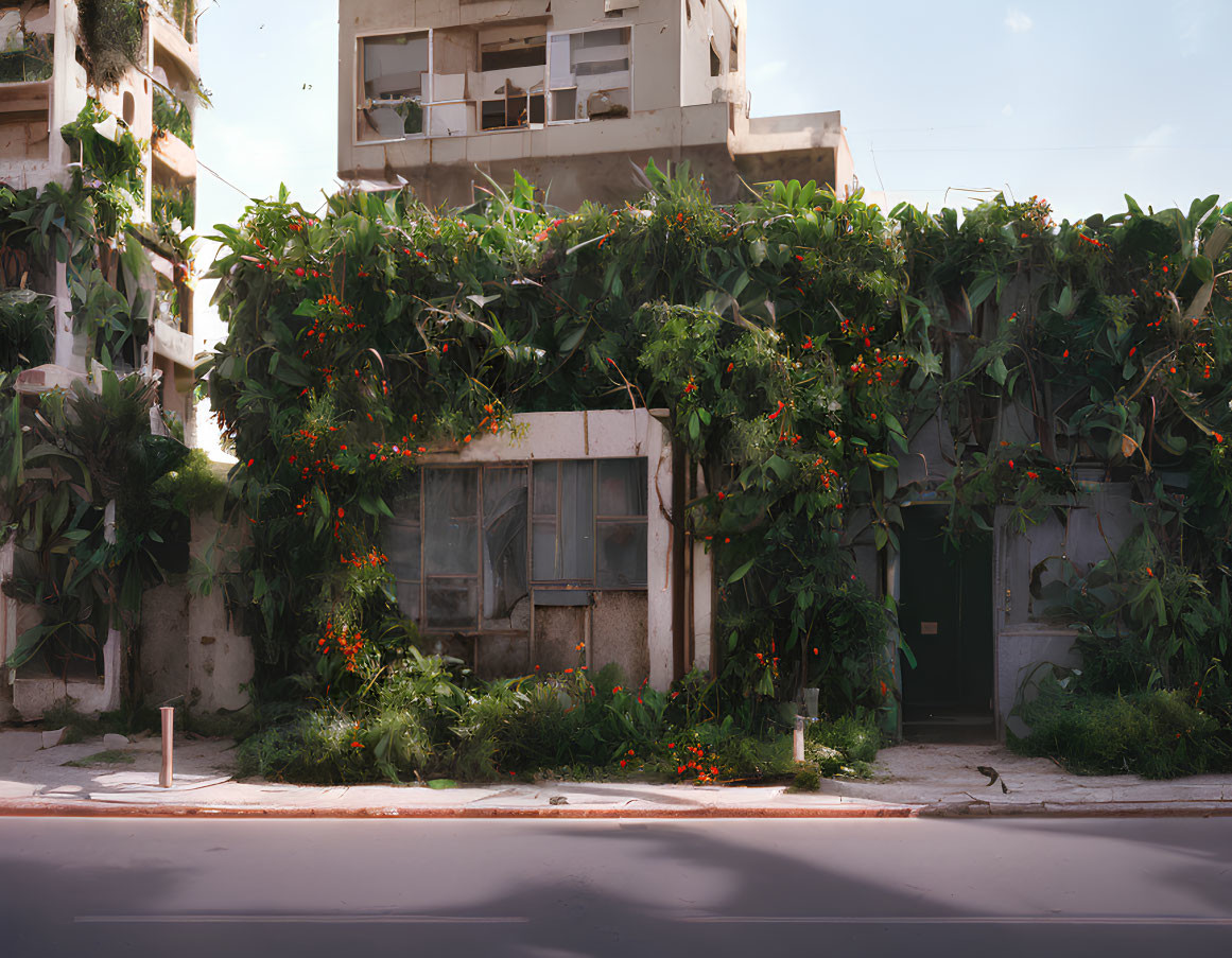 Overgrown building with green foliage and orange flowers near stark apartment blocks