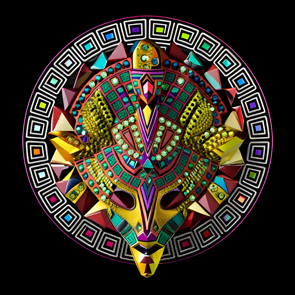 Symmetrical digital artwork of ornate mask with geometric patterns