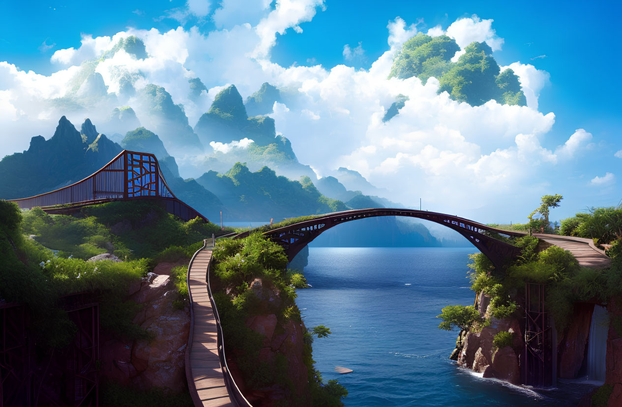 Scenic landscape: winding road, arched bridge, lush mountains, blue sea, fluffy clouds