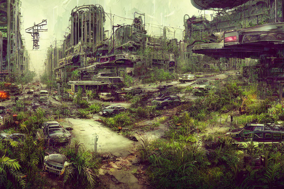 Abandoned post-apocalyptic cityscape with overgrown vegetation