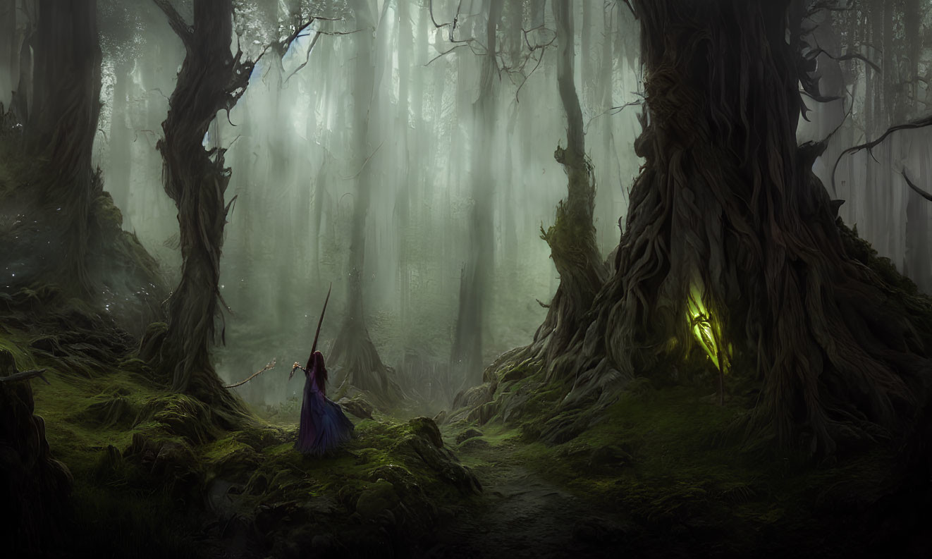 Enchanted forest scene with figure in purple cloak and glowing green light