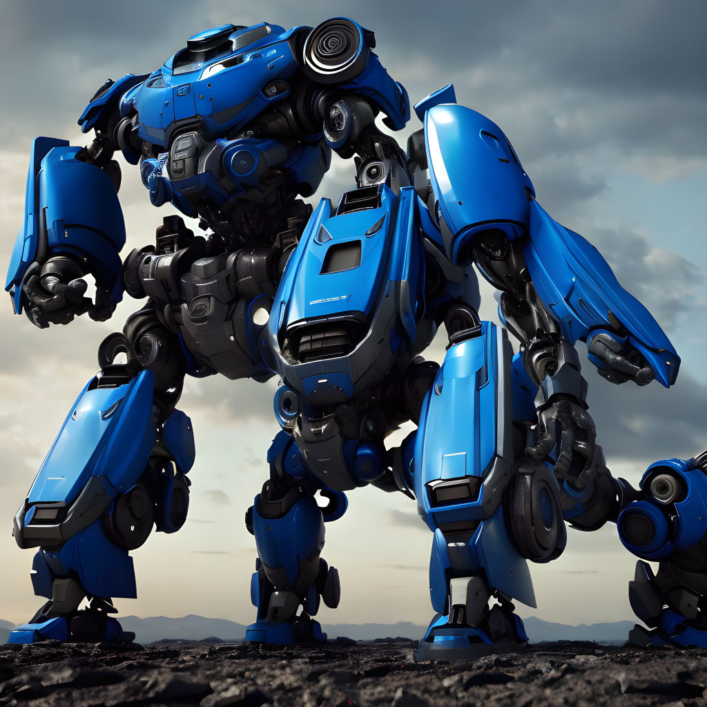 Blue armored robot with mechanical joints against cloudy sky