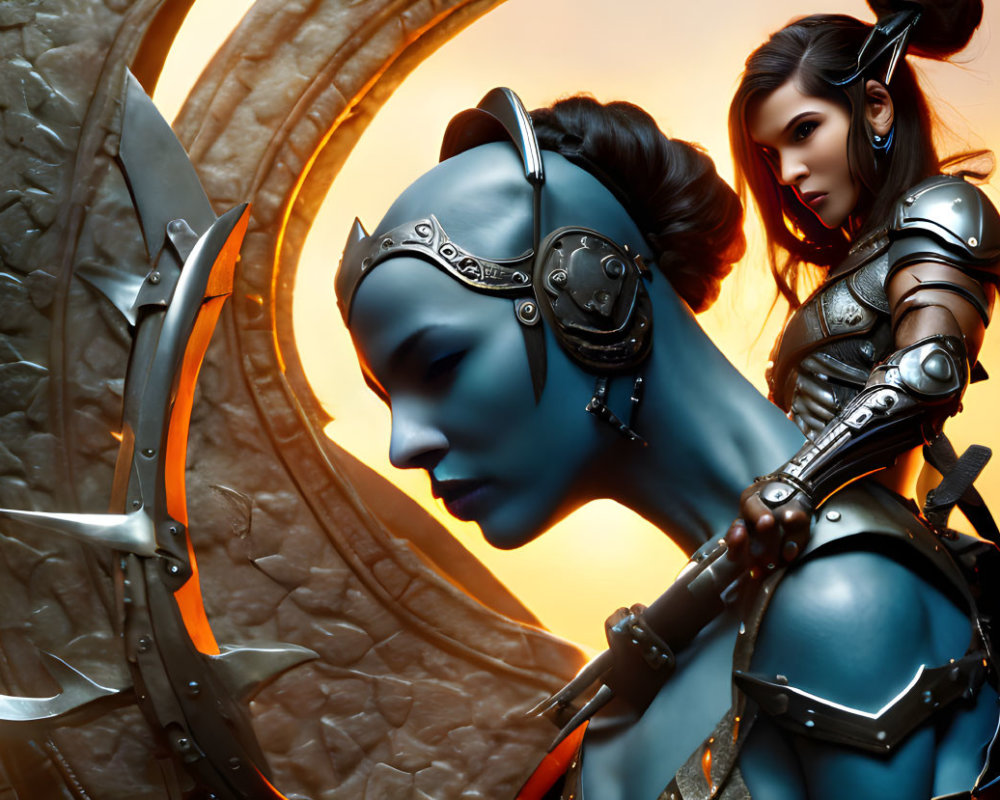 Blue-skinned female warrior in futuristic armor beside a dark-haired human woman in similar attire against ornate