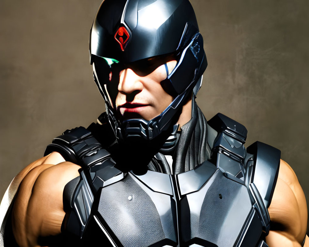 Futuristic person in black helmet and body armor with red emblem on forehead