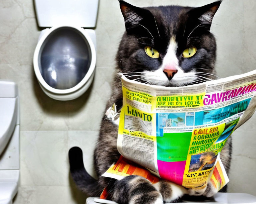 Black and White Cat Reading Colorful Newspaper on Toilet