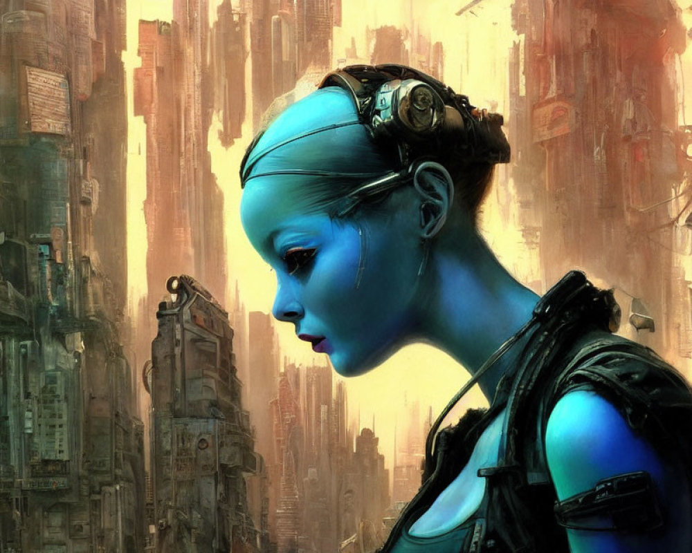 Blue-skinned cybernetic female figure in futuristic cityscape.
