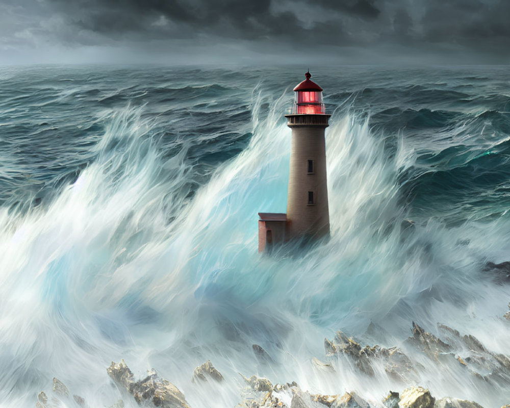 Lighthouse in Stormy Seas with Guiding Beacon