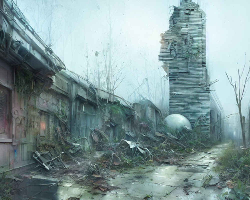 Abandoned cityscape with decaying structures and overgrown plants