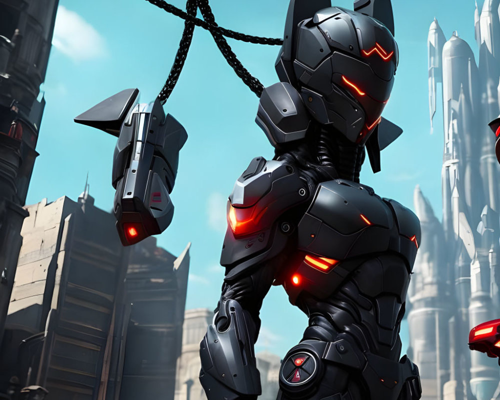 Futuristic robot in black armor with red accents in cityscape
