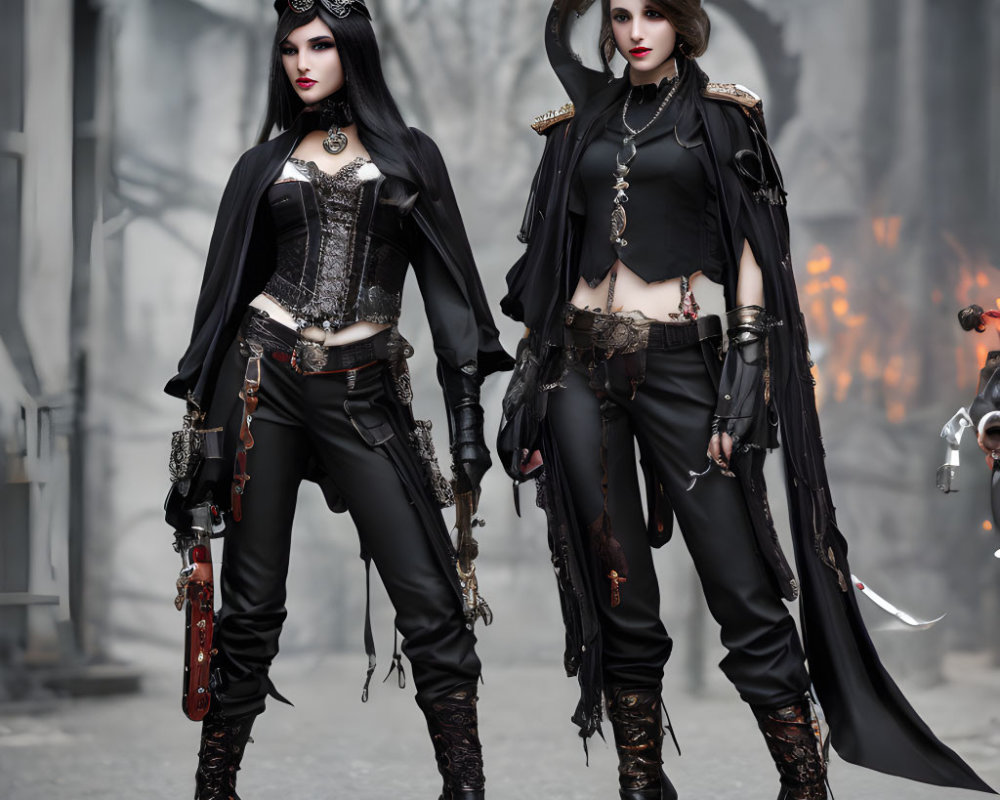 Two women in gothic steampunk costumes with weapons in industrial setting