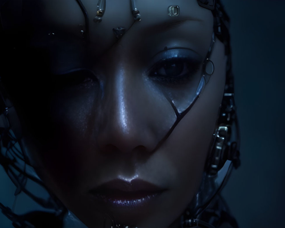 Female humanoid robot with cybernetic details and tear on cheek against dark background