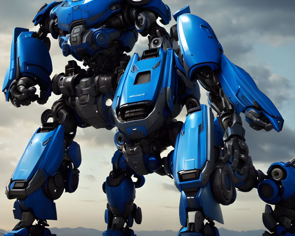 Blue armored robot with mechanical joints against cloudy sky